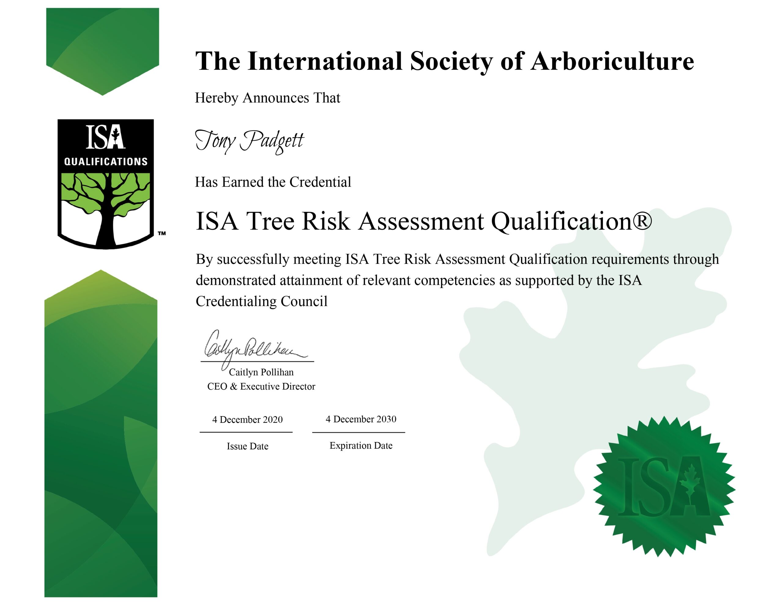 Tony ISA Tree Risk certificate