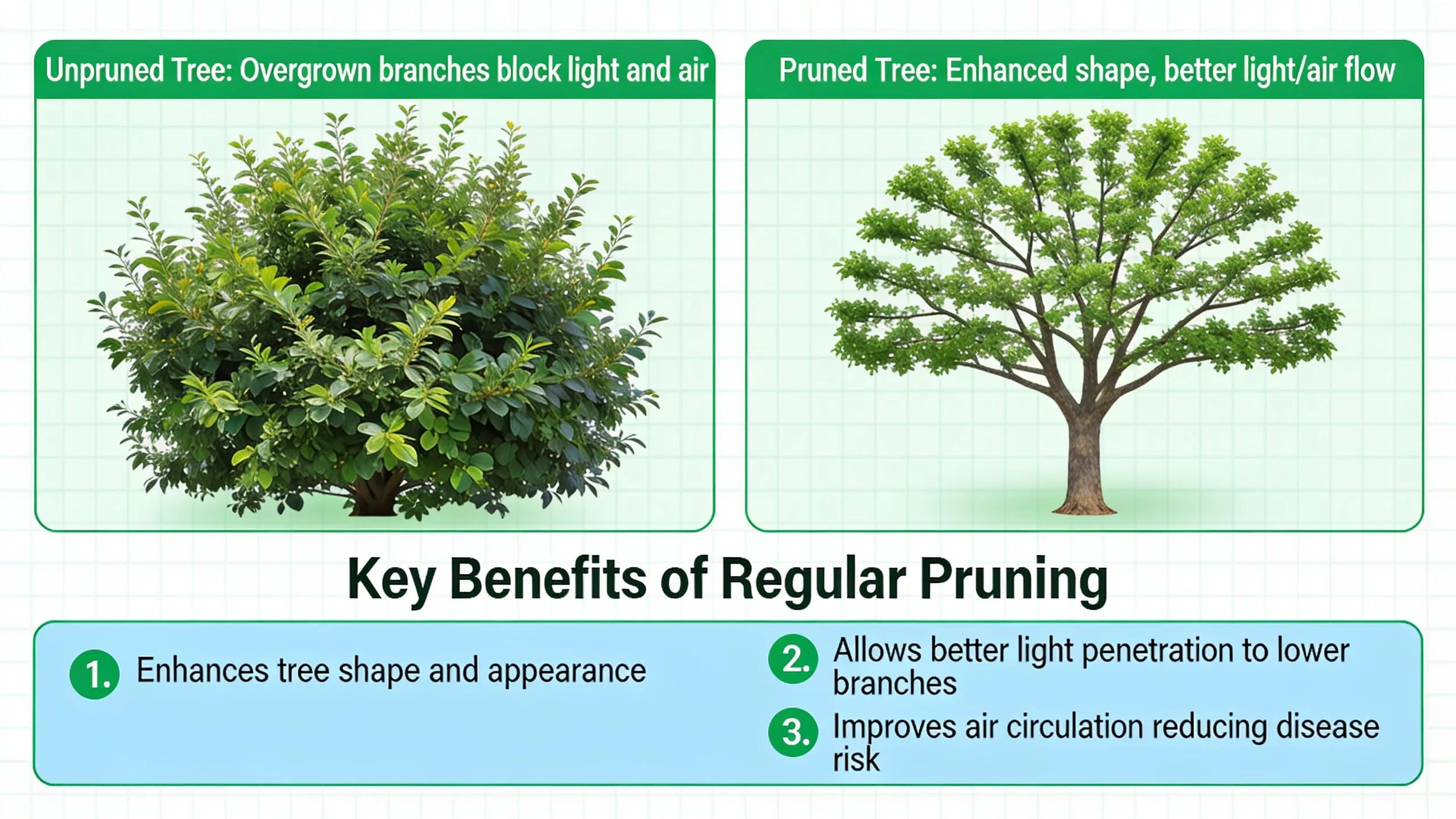 Regular pruning enhances the shape and appearance of trees, allows better light penetration and air
