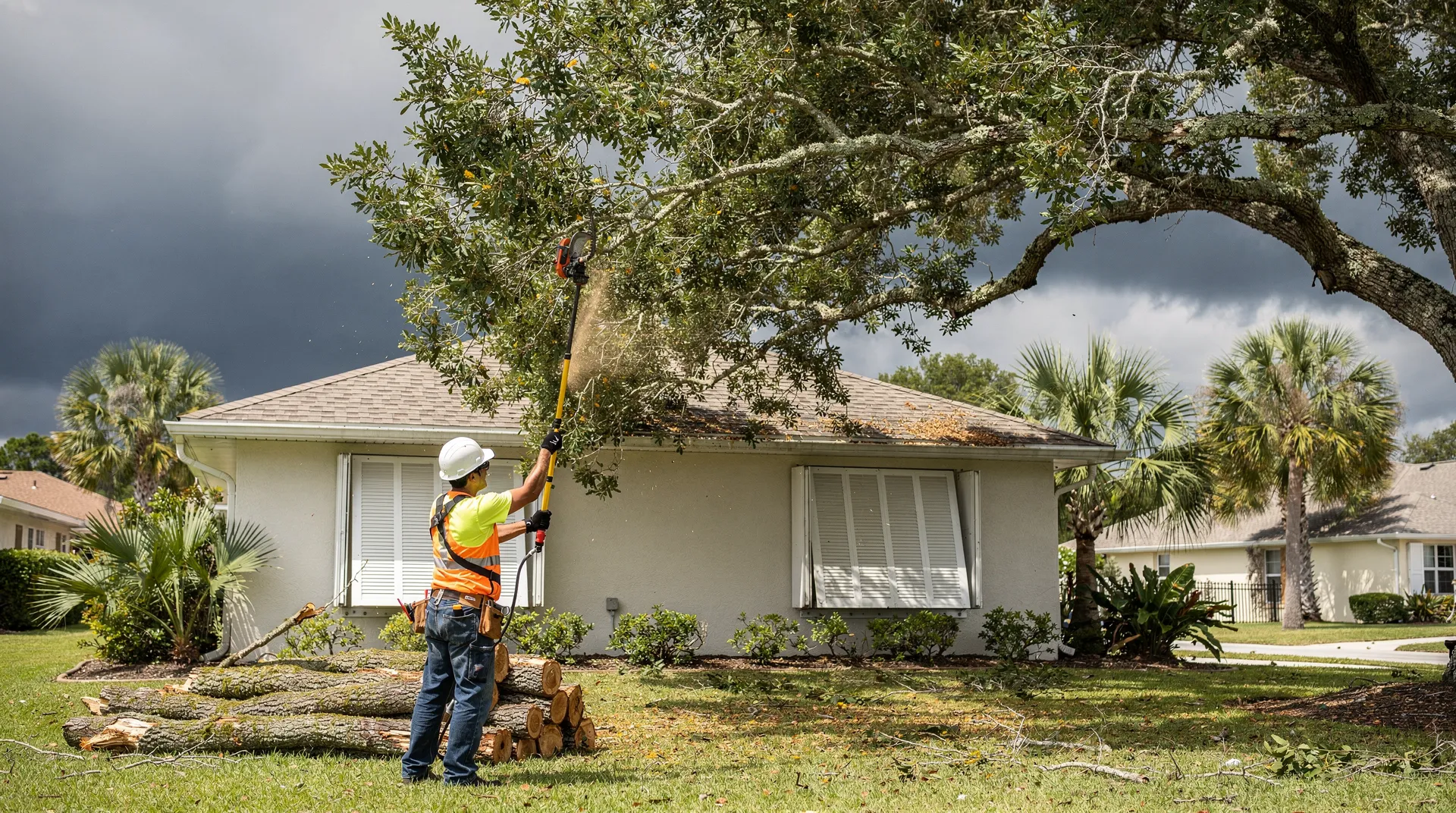 Untrimmed trees with overgrown branches hanging over a property create serious hazard potential, especially during