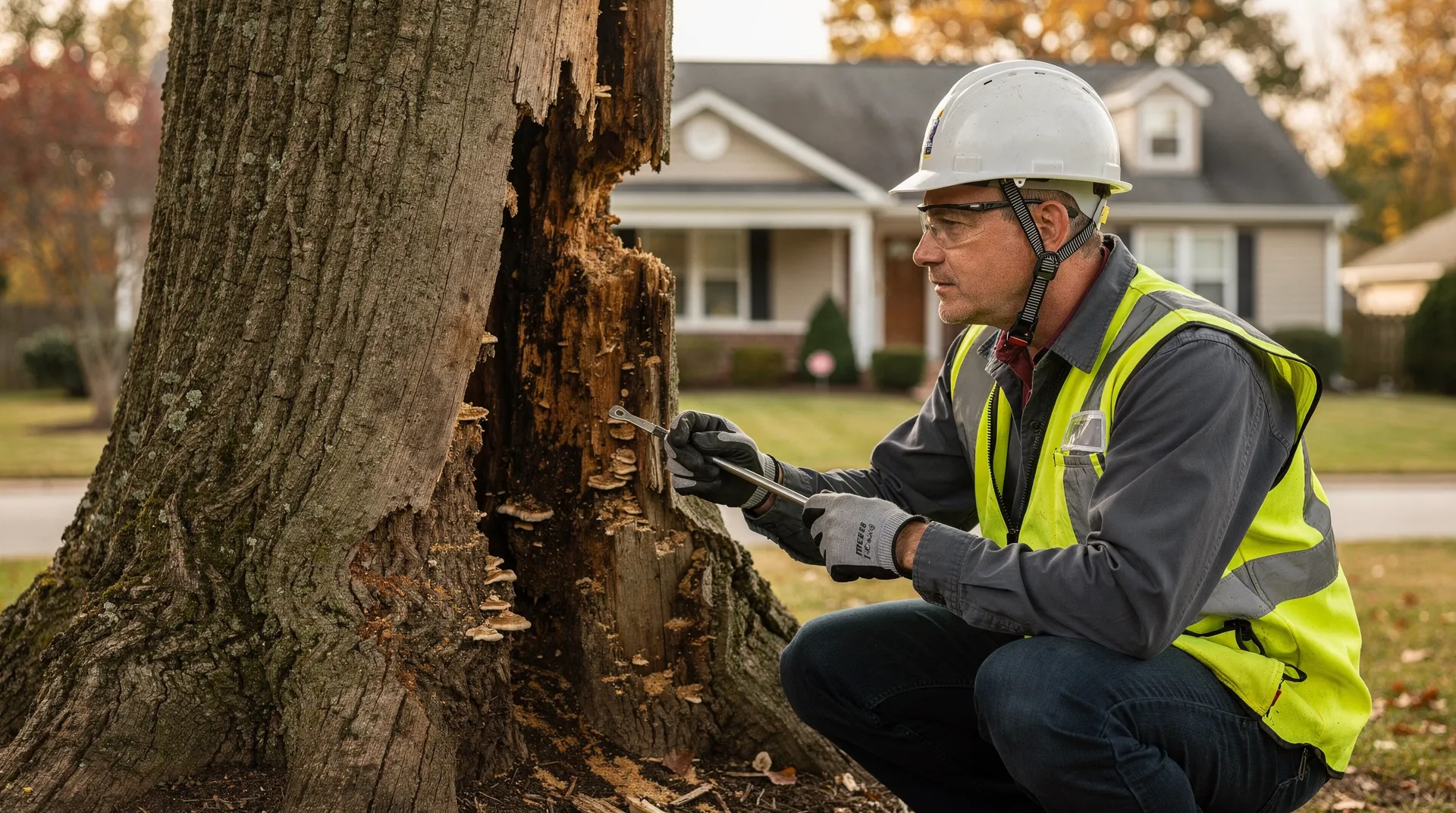 A damaged or decaying tree has compromised structural integrity, making it a removal candidate.; Signs