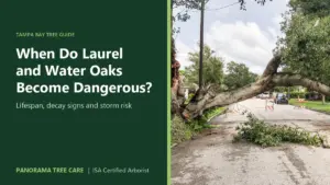 Large oak limb fallen across a residential street, with the title "When Do Laurel and Water Oaks Become Dangerous?"