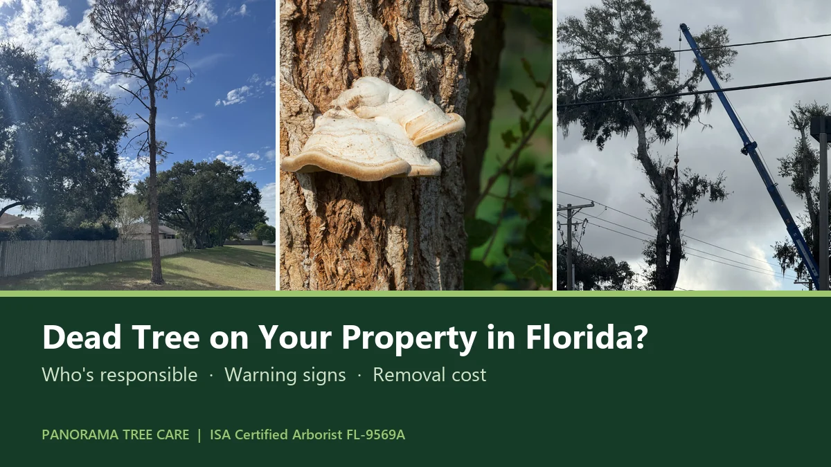 Collage of a dead pine tree, bracket fungus and crane-assisted tree removal, titled Dead Tree on Your Property in Florida?
