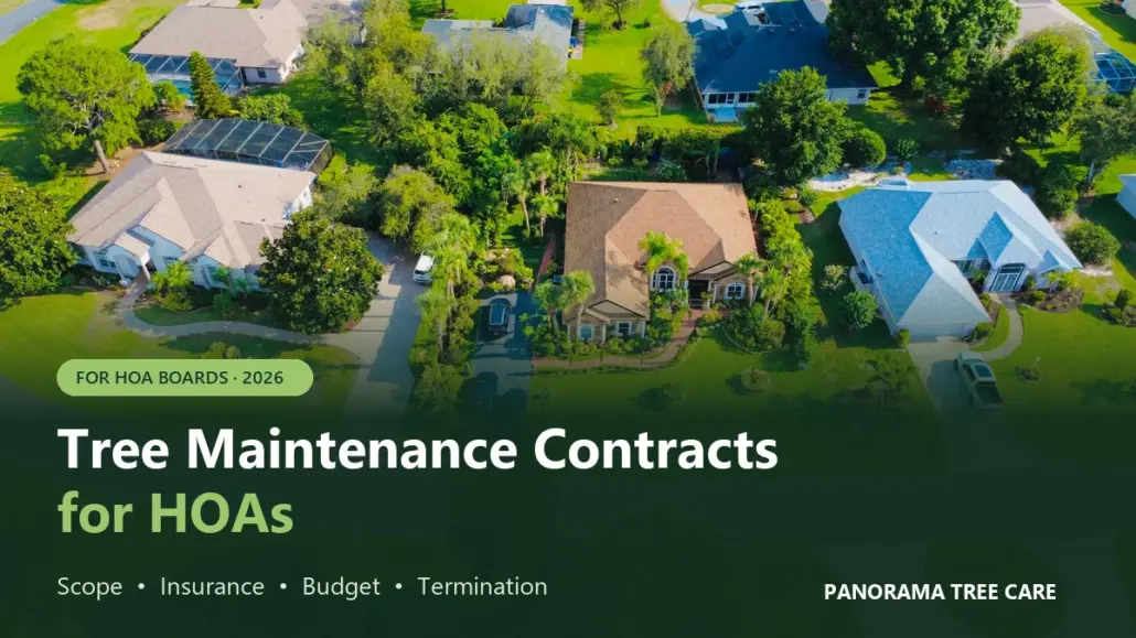 Aerial view of a Florida residential neighborhood with mature trees, titled Tree Maintenance Contracts for HOAs