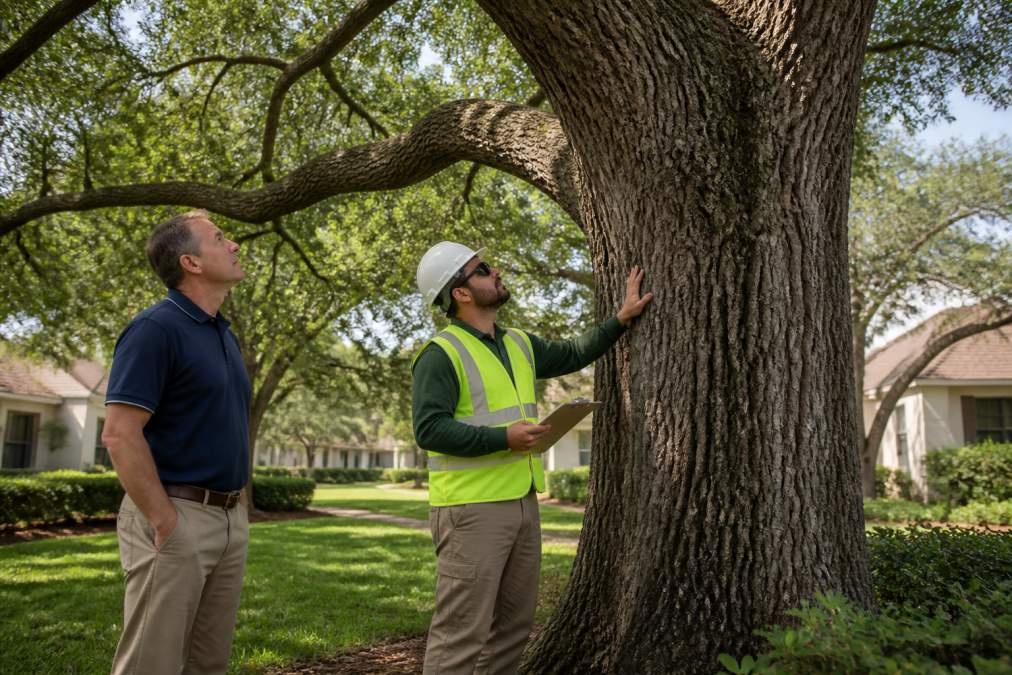 Arborist inspecting an oak tree in an HOA common area with a board member