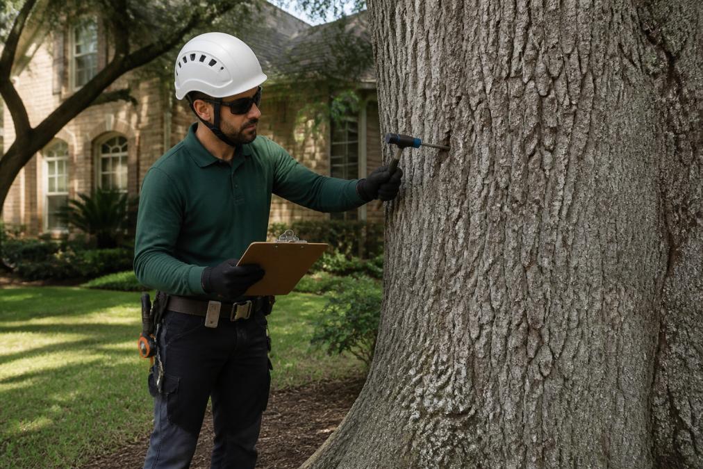Arborist sounding an oak trunk with a mallet during a tree health inspection